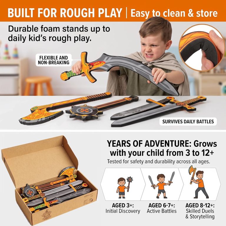 Printed foam toy swords and accessories shown in a reference collage
