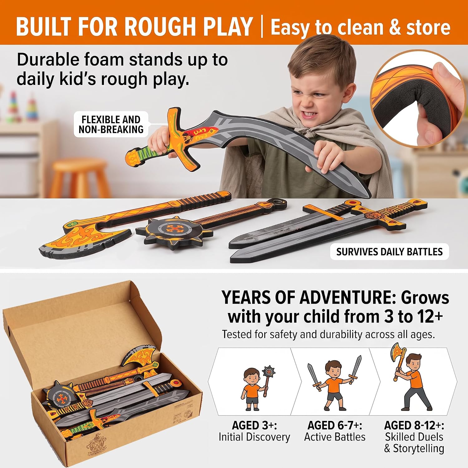 Printed foam toy swords and accessories shown in a reference collage